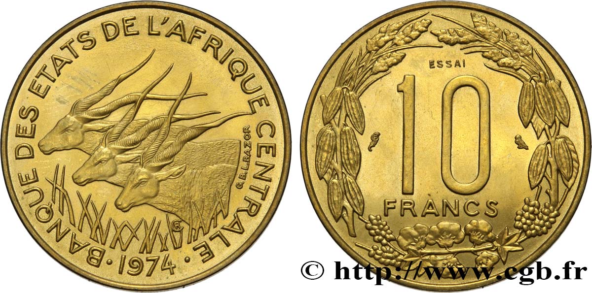 ESTADOS DE ÁFRICA CENTRAL
 Essai de 10 Francs antilopes 1974 Paris SC 