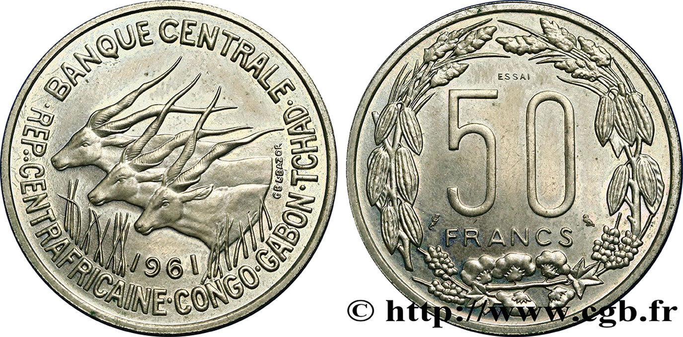 ÁFRICA ECUATORIAL  Essai de 50 Francs antilopes 1961  SC 