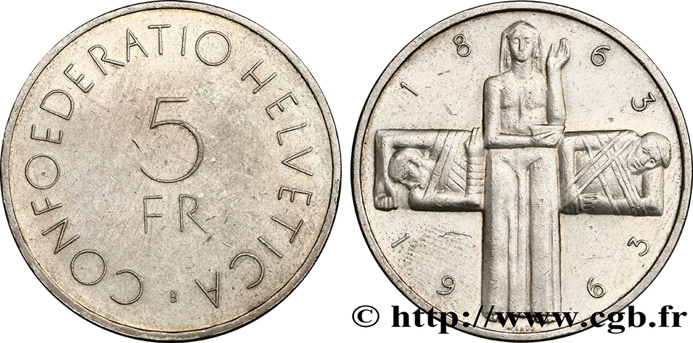 SCHWEIZ 5 Francs centenaire de la Croix Rouge 1963 Berne VZ 
