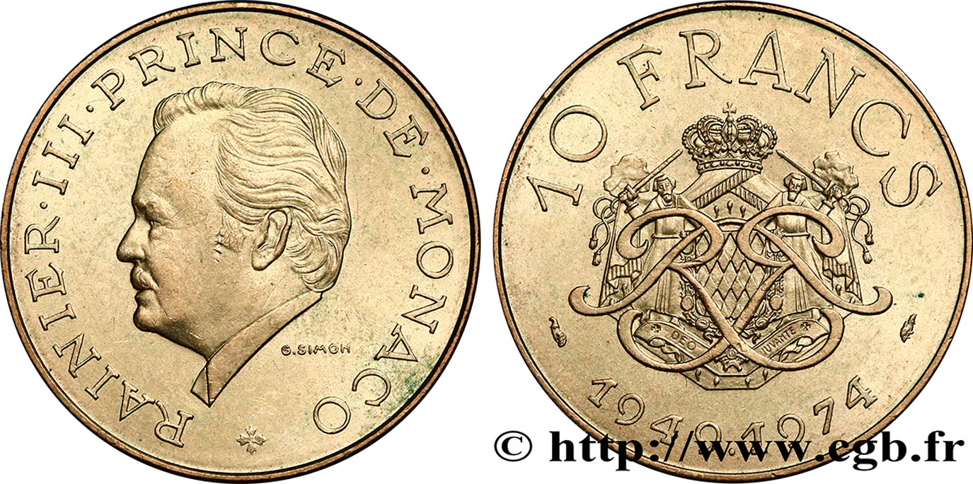 MONACO 10 Francs 25e anniversaire du règne de Rainier III 1974 Paris MS 
