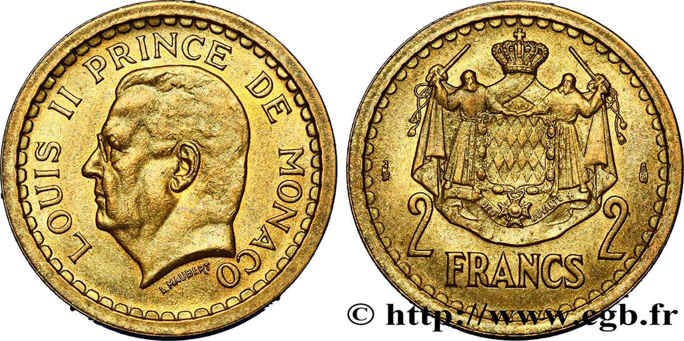 MONACO 2 Francs Louis II (1943) Paris SPL 