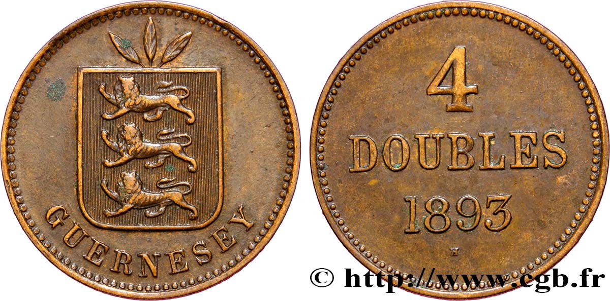 GUERNESEY 4 Doubles armes du baillage de Guernesey 1893 Heaton TTB+ 