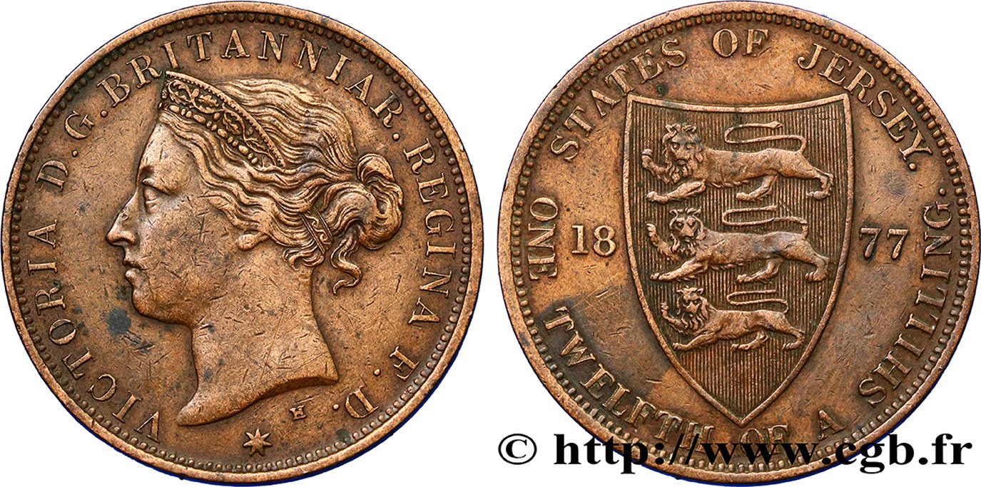 JERSEY 1/12 Shilling Reine Victoria / armes du Baillage de Jersey 1877 Heaton TTB 