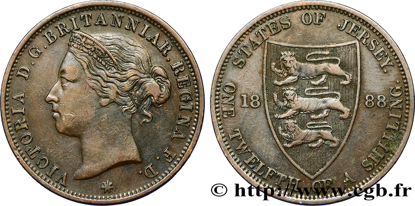 JERSEY 1/12 Shilling Reine Victoria / armes du Baillage de Jersey 1888  TTB 
