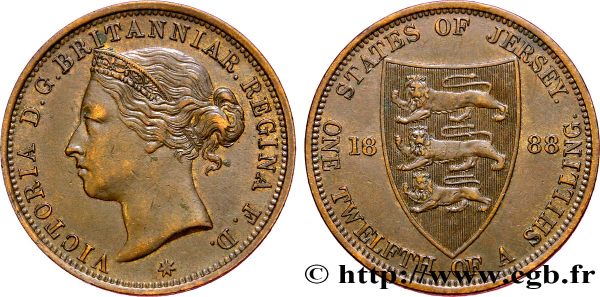 JERSEY 1/12 Shilling Reine Victoria / armes du Baillage de Jersey 1888  TTB+ 