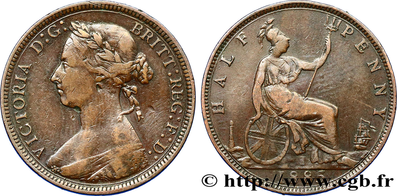 UNITED KINGDOM 1/2 Penny Victoria “Bun Head” 1885  VF 