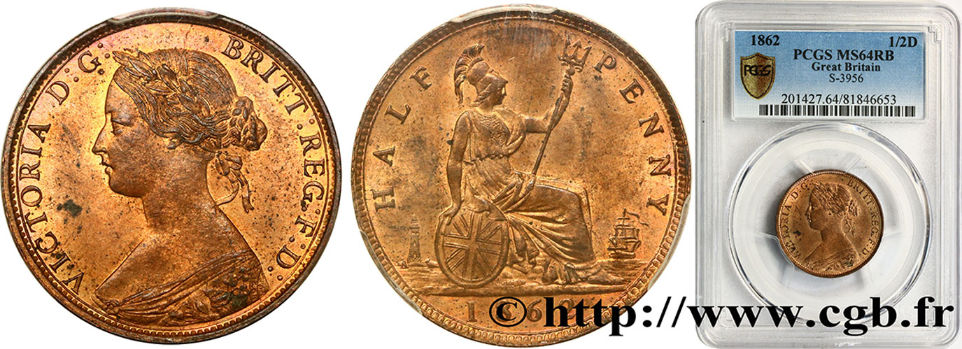 UNITED KINGDOM 1/2 Penny Victoria “Bun Head” 1862  MS64 PCGS