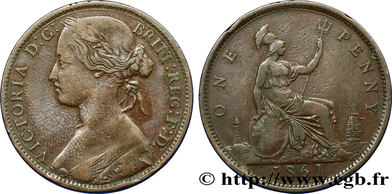 ROYAUME-UNI 1 Penny Victoria “Bun Head” 1861  TB+ 