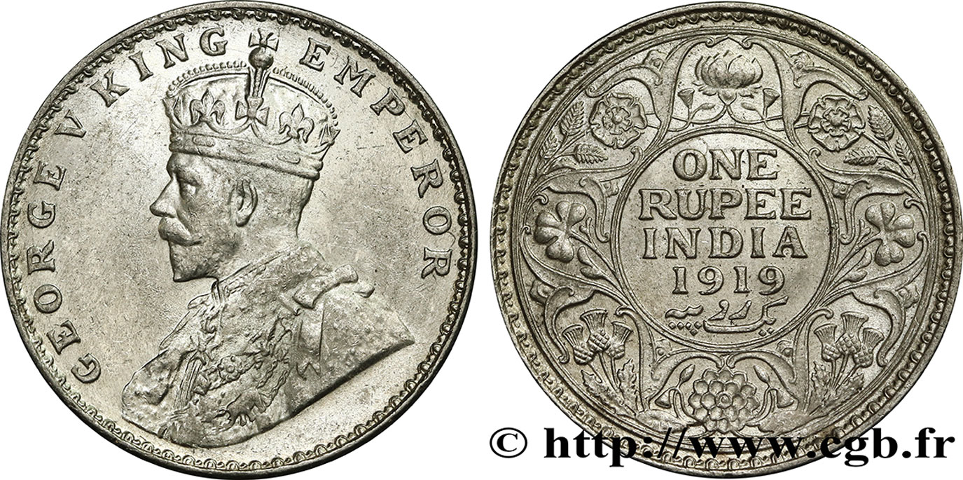 INDIA BRITANNICA 1 Roupie Georges V 1919 Calcutta MS 