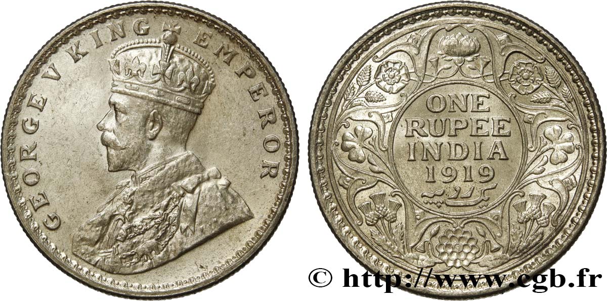 BRITISH INDIA 1 Roupie Georges V 1919 Calcutta MS 