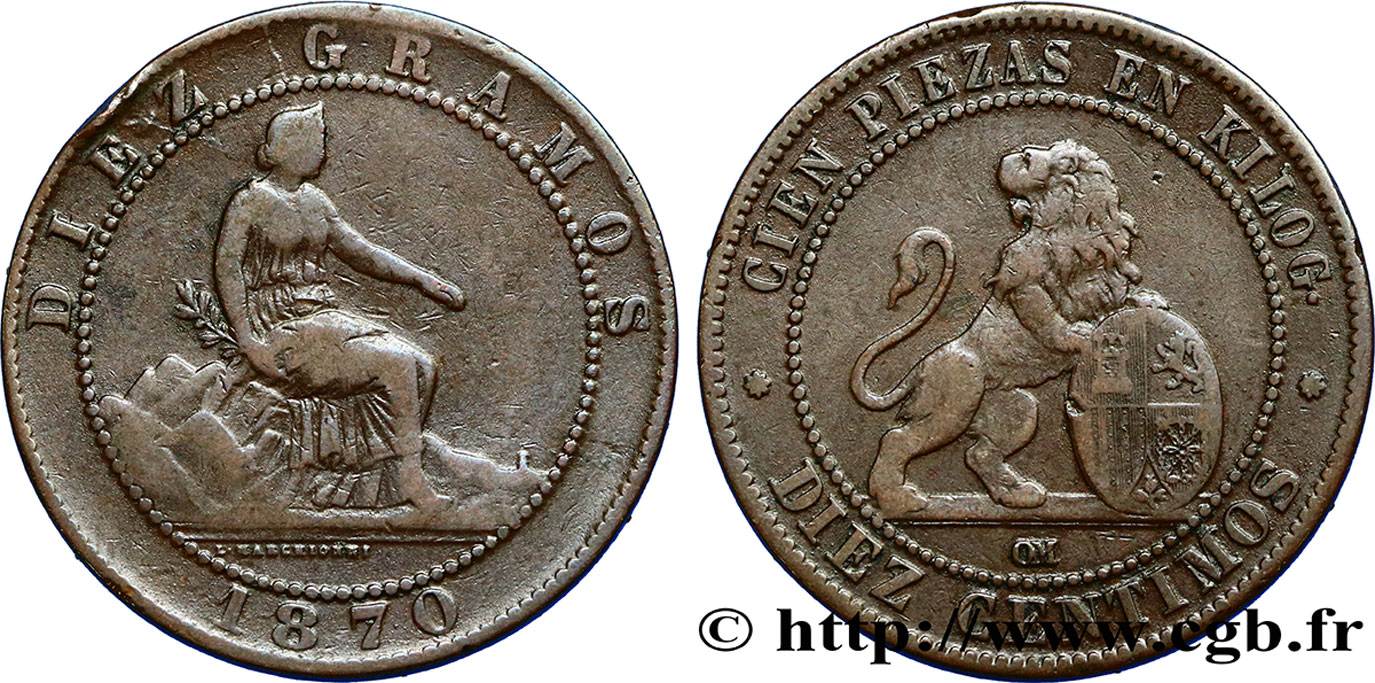 SPAIN 10 Centimos monnayage provisoire “ESPAÑA” assise / lion au bouclier 1870 Oeschger Mesdach & CO VF 