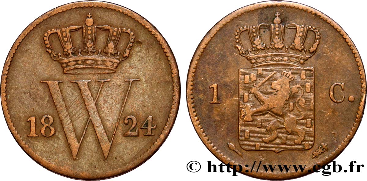 PAYS-BAS 1 Cent  emblème monogramme de Guillaume Ier 1824 Utrecht TB+ 