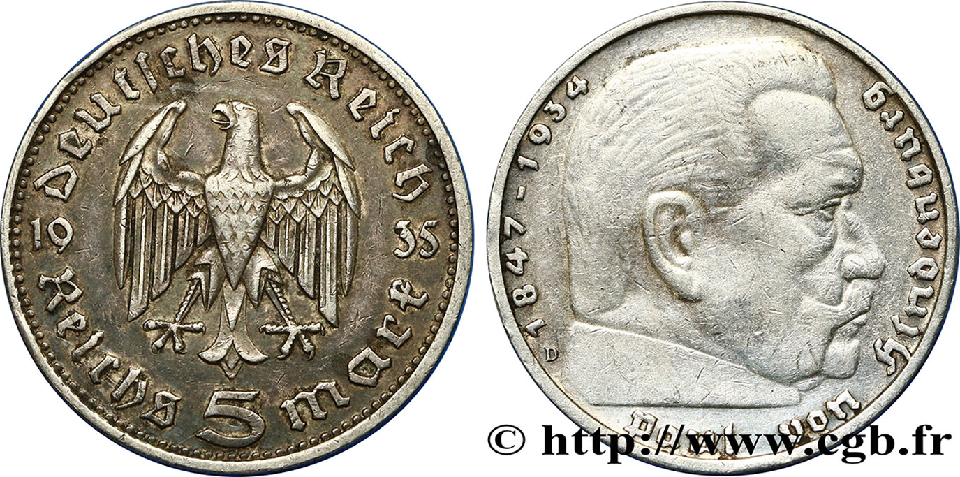 GERMANY 5 Reichsmark Aigle / Maréchal Paul von Hindenburg 1935 Munich AU 