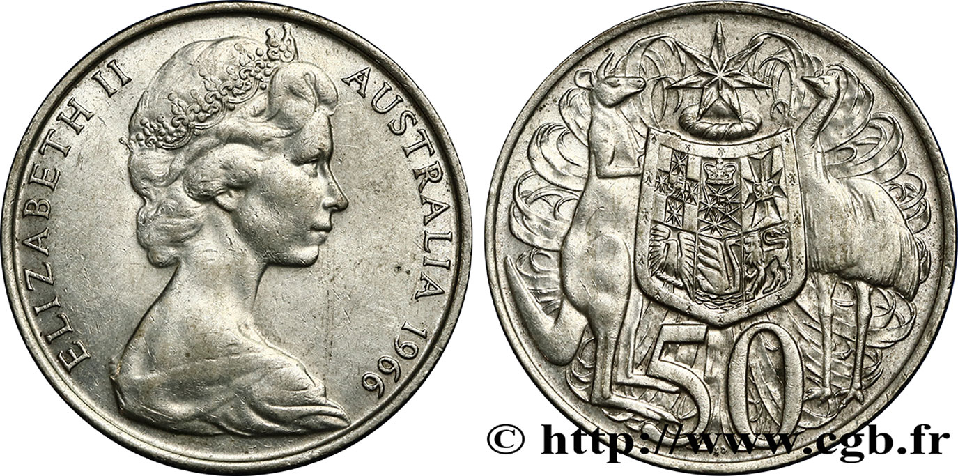 AUSTRALIA 50 Cents Elisabeth II / émeu et kangourou de part et d’autre d’un écu 1966  AU 