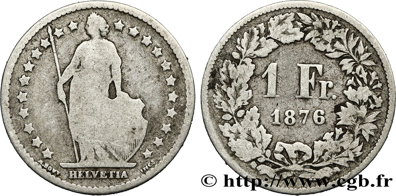SWITZERLAND 1 Franc Helvetia 1876 Berne VF 