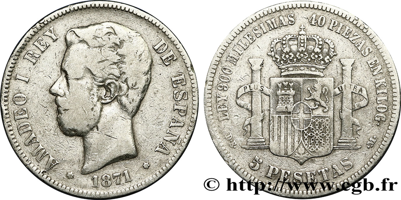 SPAIN 5 Pesetas Amédée Ier  1871 Madrid VF 