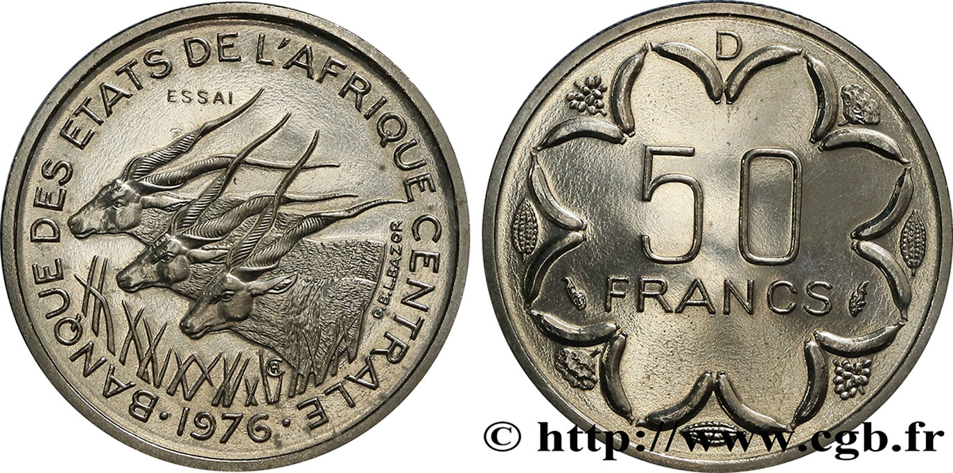 ÉTATS DE L AFRIQUE CENTRALE Essai de 50 Francs antilopes lettre ‘D’ Gabon 1976 Paris SPL 