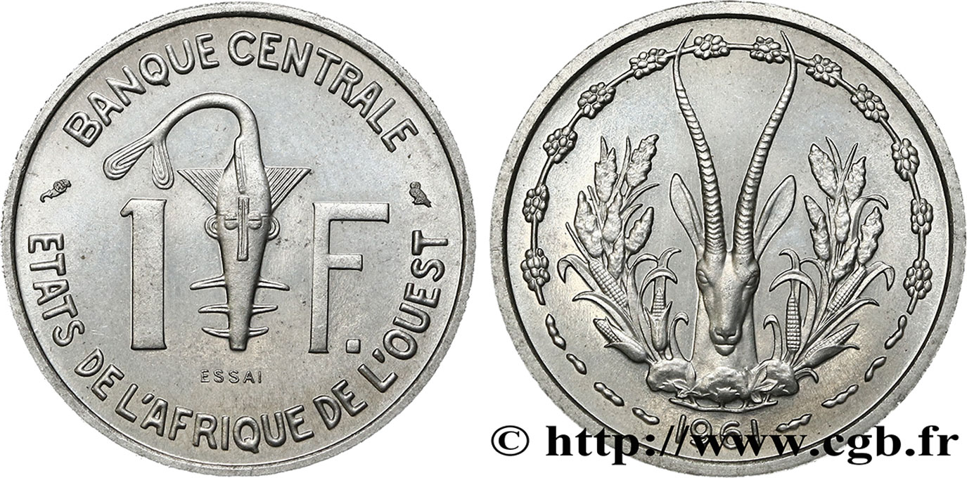 WESTAFRIKANISCHE LÄNDER Essai de 1 Franc masque / antilope 1961 Paris fST 