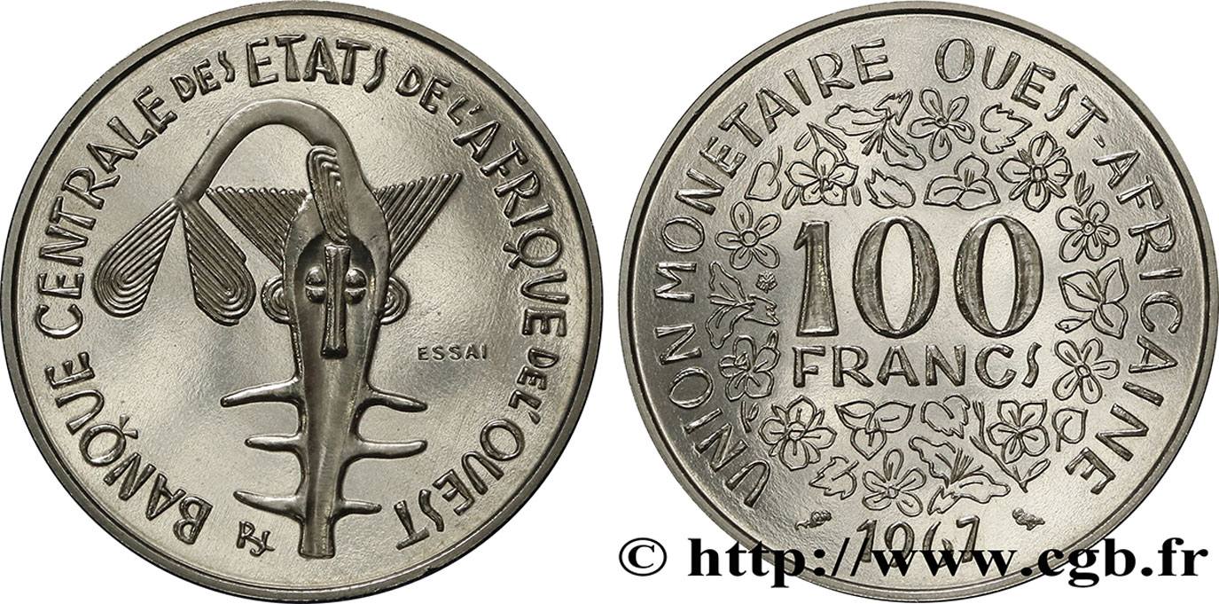 WESTAFRIKANISCHE LÄNDER Essai 100 Francs masque 1967  fST 