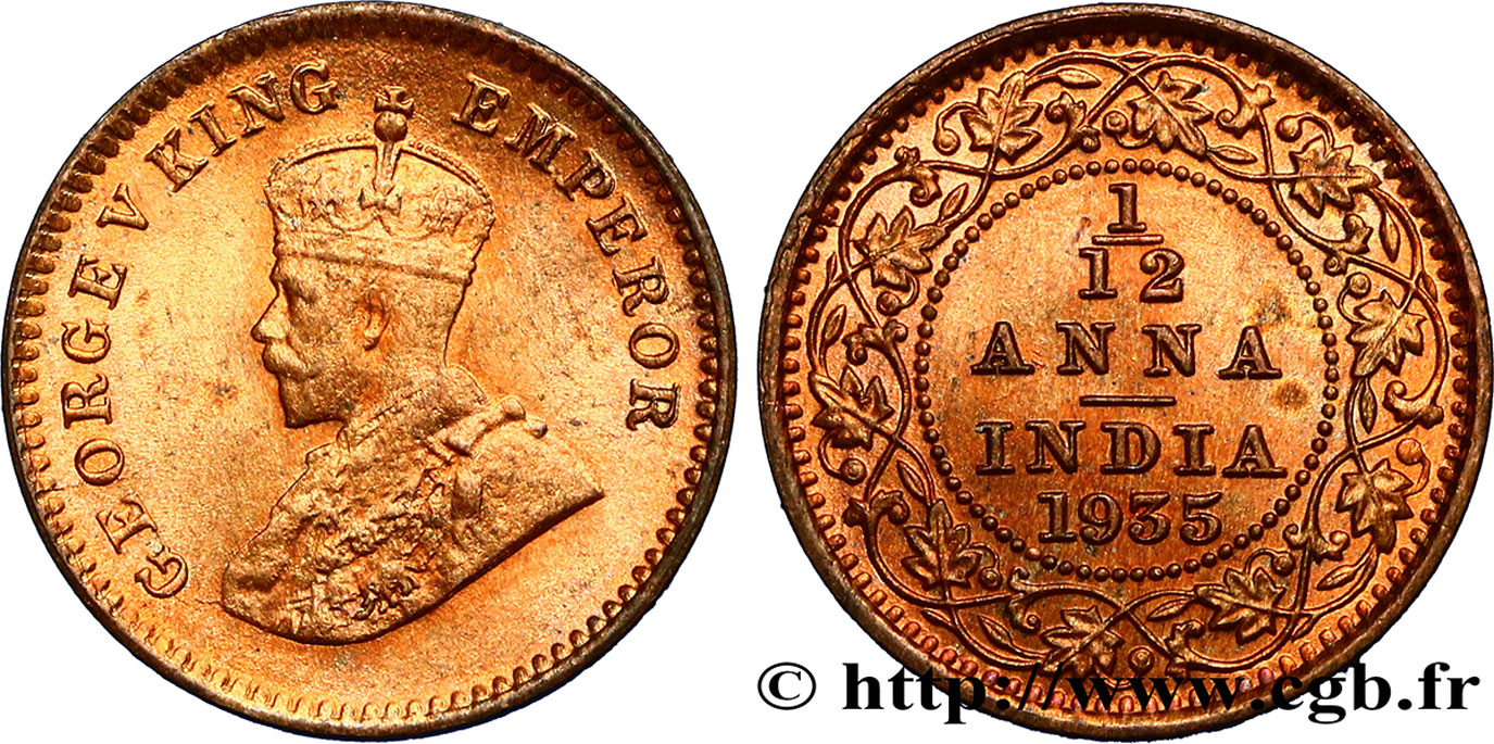 INDES BRITANNIQUES 1/12 Anna (1 Pie) Georges V 1935 Calcutta SPL 
