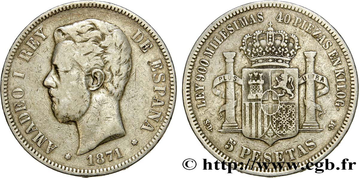SPAIN 5 Pesetas Amédée Ier  1871 Madrid VF 