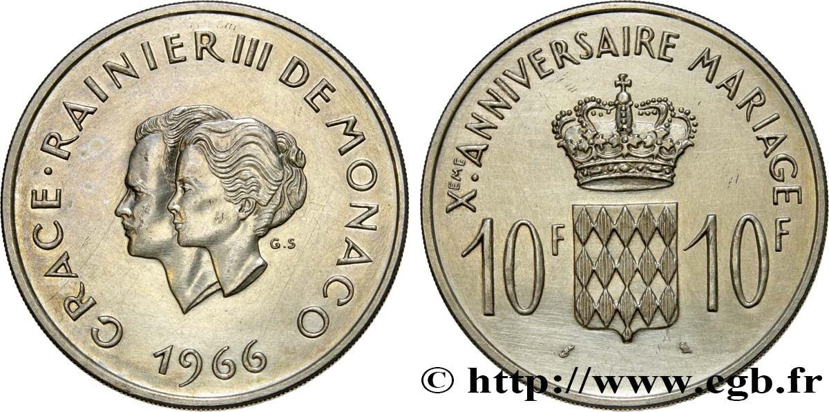 MONACO 10 Francs argent, dixième anniversaire du mariage 1966 Paris VZ 