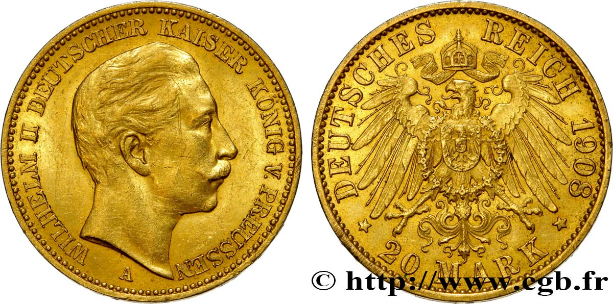 GERMANY - PRUSSIA 20 Mark Guillaume II 1908 Berlin AU/AU 