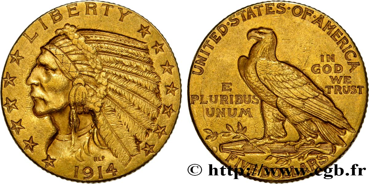 ÉTATS-UNIS D AMÉRIQUE 5 Dollars  Indian Head  1914 Denver TTB 