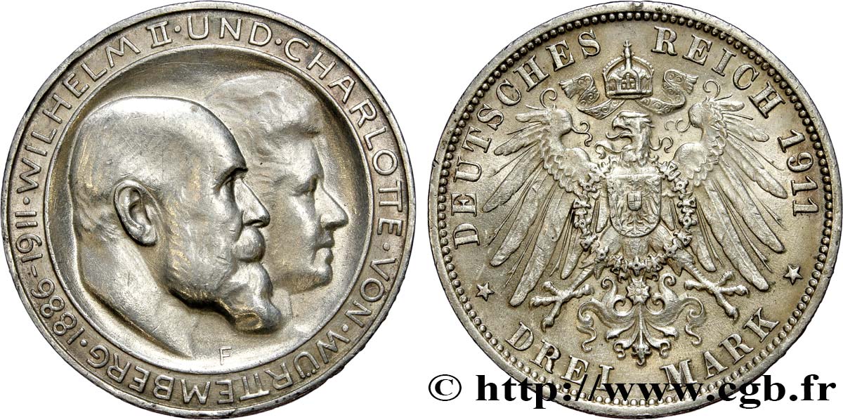 GERMANIA - WÜRTEMBERG 3 Mark Guillaume II et Charlotte 1911 Stuttgart q.SPL/SPL 