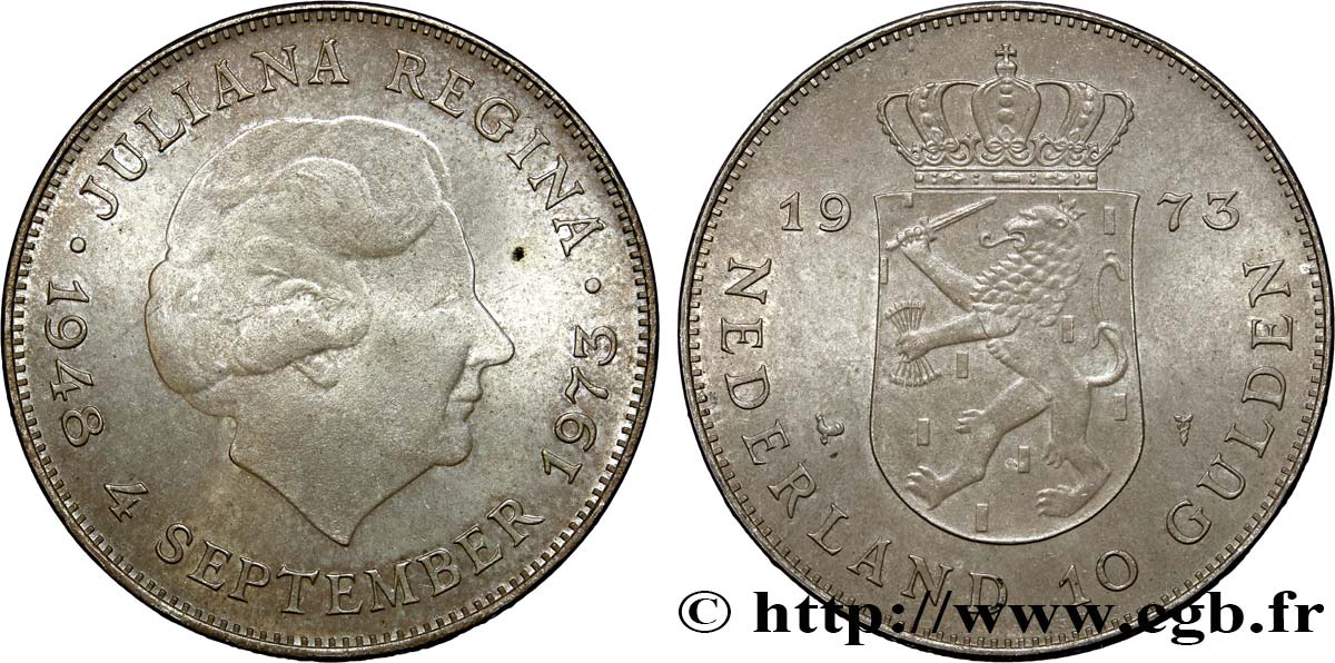 NETHERLANDS 10 Gulden 25e anniversaire de règne, reine Juliana 1973 Utrecht MS 