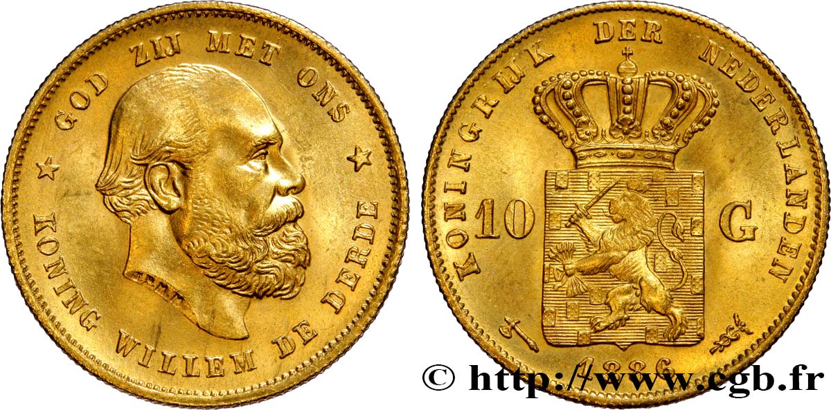 PAYS-BAS - ROYAUME DES PAYS-BAS - GUILLAUME III 10 Gulden, 2e type 1886 Utrecht SPL 