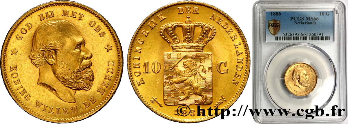 PAYS-BAS 10 Gulden or Guillaume III, 2e type 1886 Utrecht FDC66 PCGS