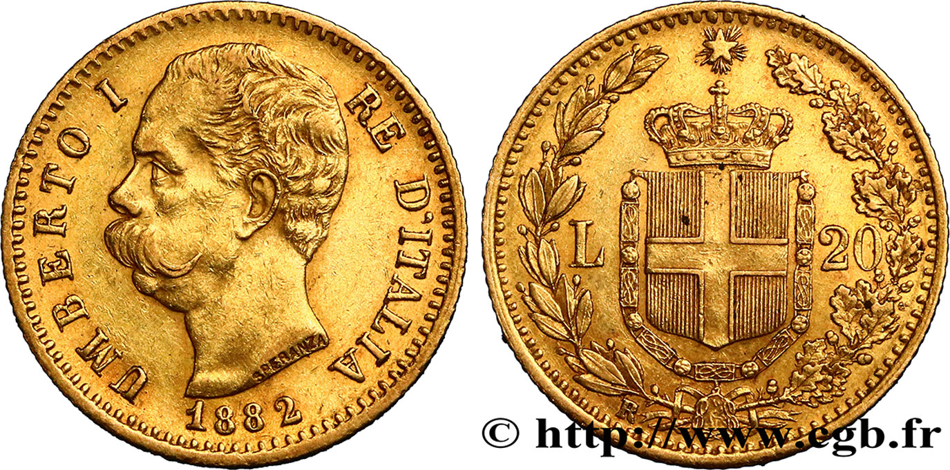 ITALY 20 Lire Umberto Ier 1882 Rome AU 