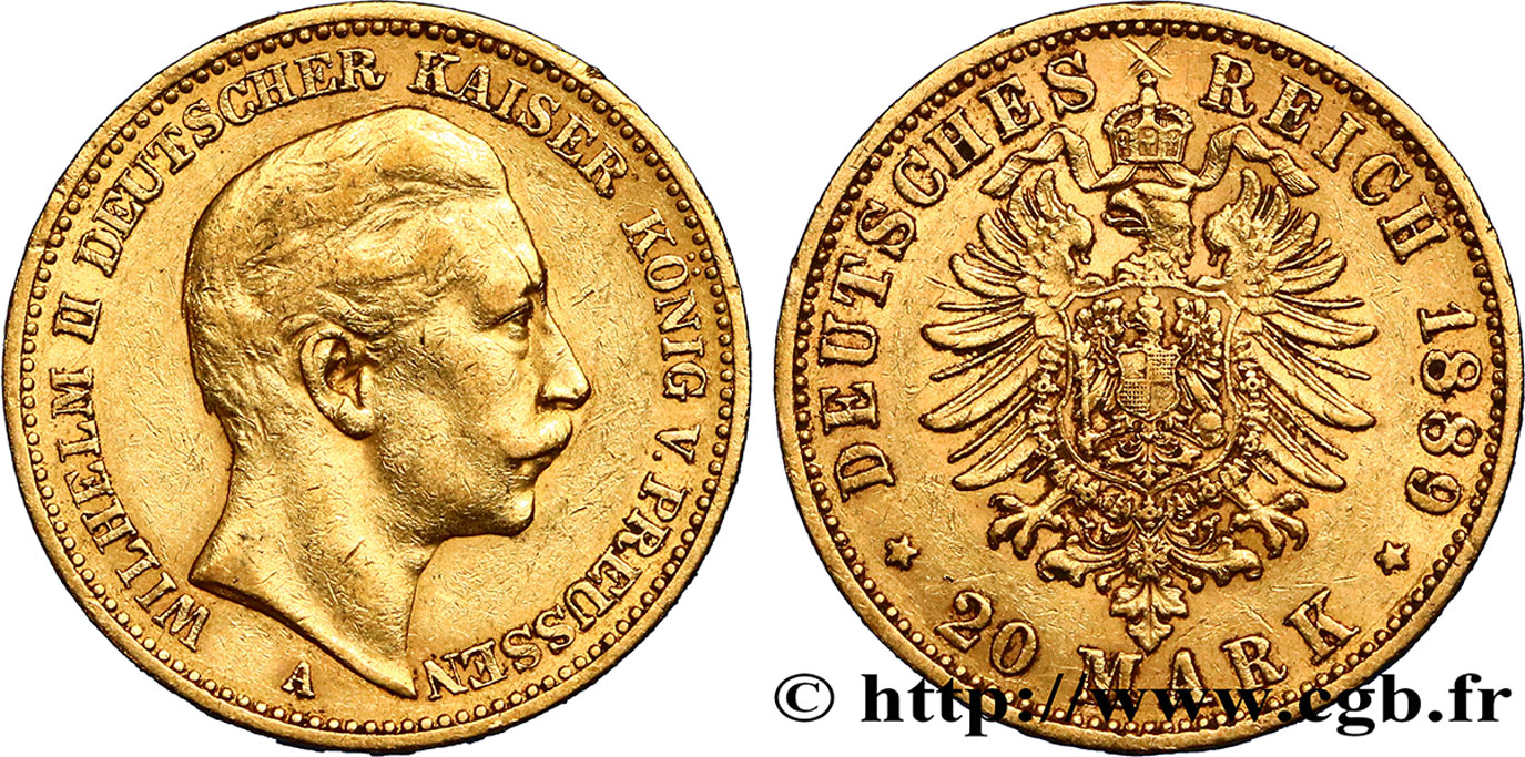 GERMANY - PRUSSIA 20 Mark Guillaume II 1889 Berlin XF 