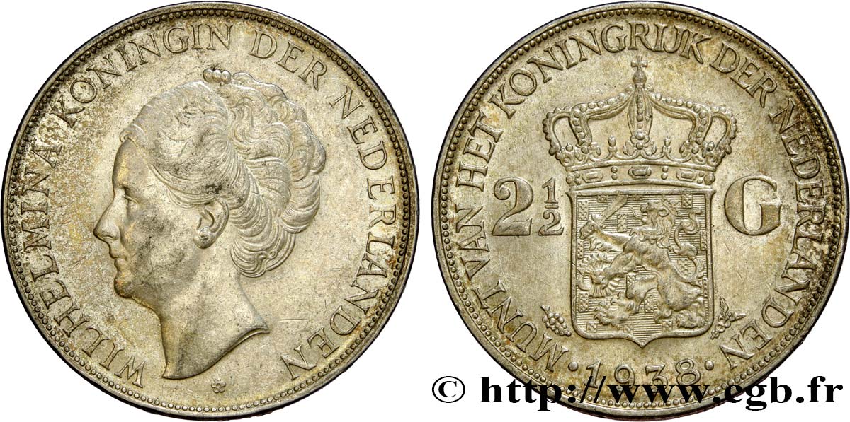 NETHERLANDS 2 1/2 Gulden Wilhelmina 1938 Utrecht AU 