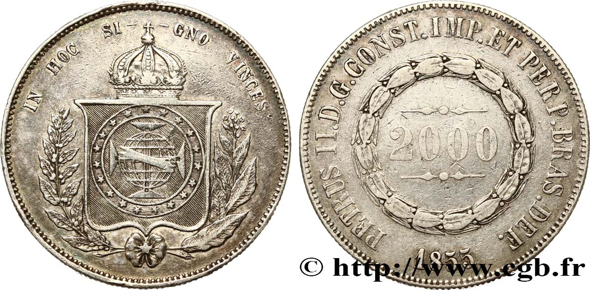 BRAZIL 2000 Reis Pierre II 1855  XF 