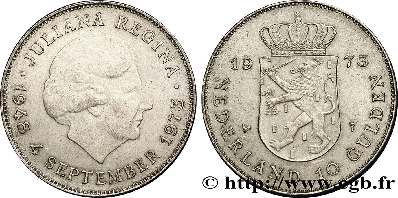 PAESI BASSI 10 Gulden 25e anniversaire de règne, reine Juliana 1973 Utrecht SPL 