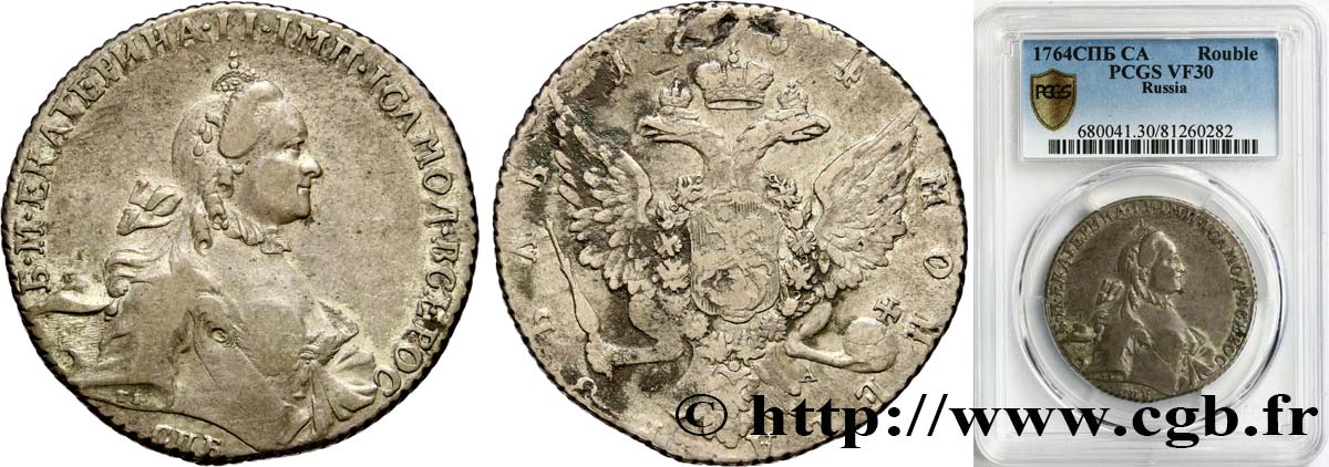 RUSSIA - CATHERINE II Rouble 1764 Saint-Pétersbourg VF30 PCGS