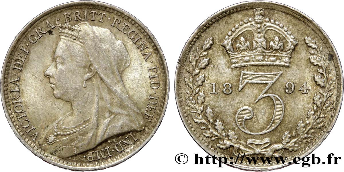 VEREINIGTEN KÖNIGREICH 3 Pence Victoria “Old head” 1894  VZ 