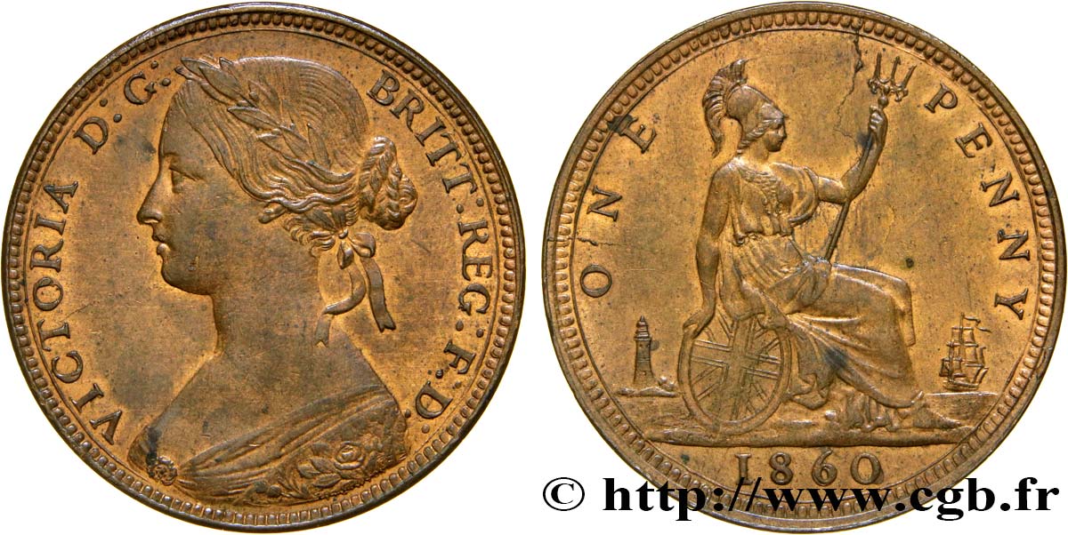 UNITED KINGDOM 1 Penny Victoria “Bun Head” 1860  XF 