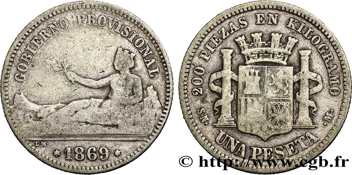 SPAGNA 1 Peseta monnayage provisoire (1869) avec mention “Gobierno Provisional” 1869 Madrid MB 