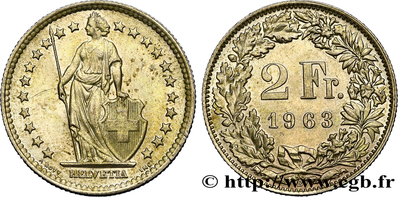 SUISSE 2 Francs Helvetia 1963 Berne SPL 