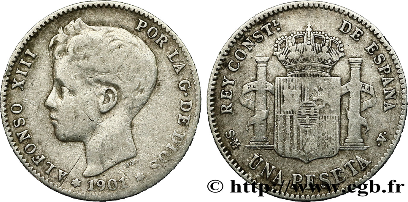 ESPAGNE 1 Peseta Alphonse XIII 3e type de buste 1901 Madrid TB 