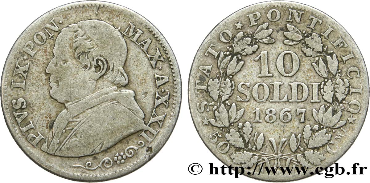 VATICAN AND PAPAL STATES 10 Soldi Pie IX an XXII 1867 Rome VF 