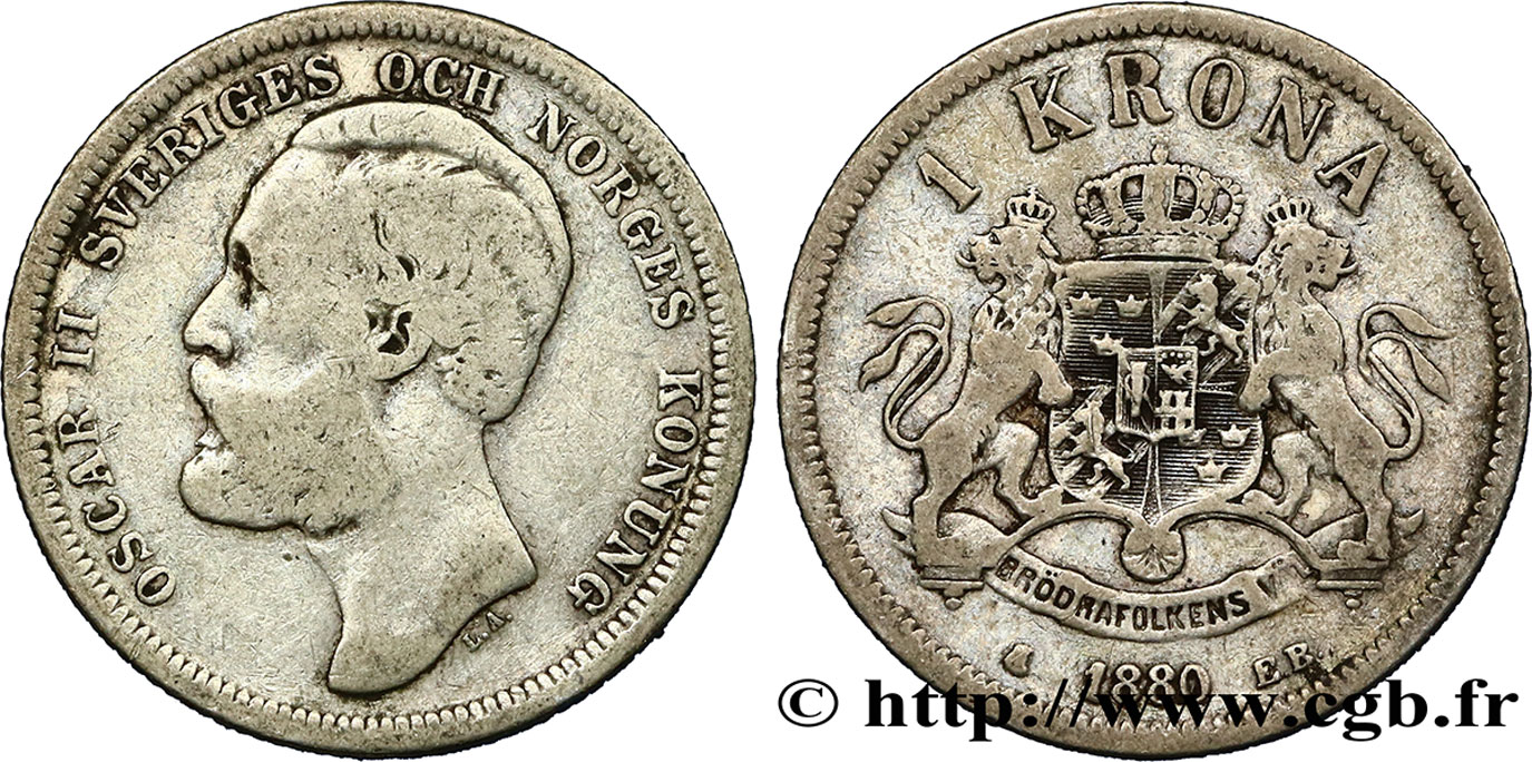 SWEDEN 1 Kronor Oscar II 1880  VF 