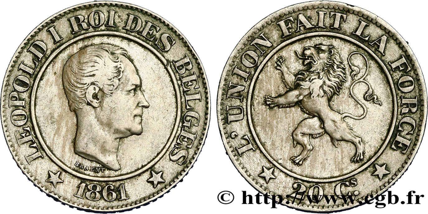 BELGIUM 20 Centimes Léopold Ier 1861  XF 