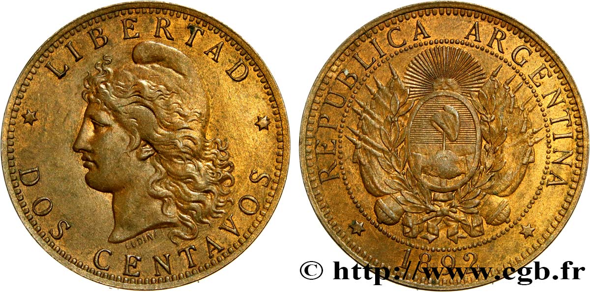 ARGENTINA 2 Centavos 1892  AU 