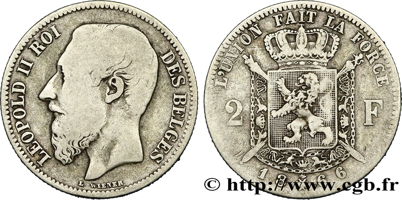 BELGIUM 2 Francs Léopold II légende française 1866  VF 