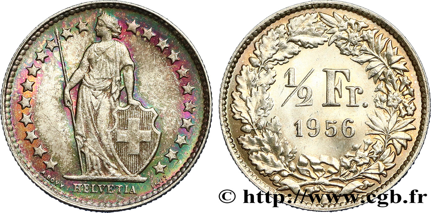 SWITZERLAND 1/2 Franc Helvetia 1956 Berne MS 