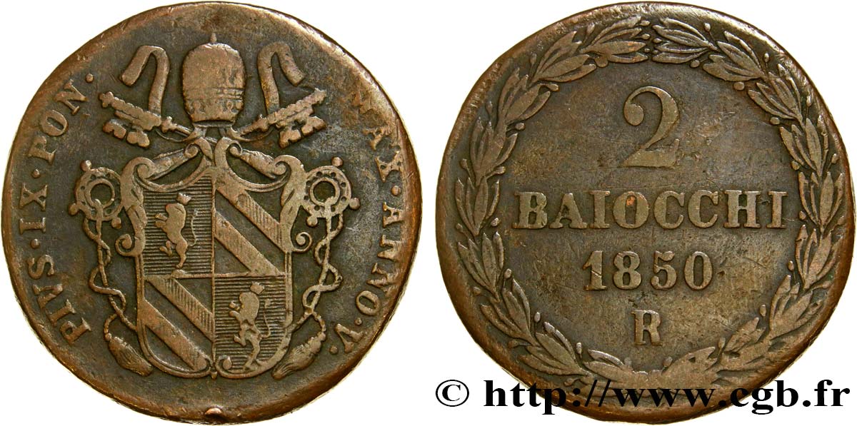VATICAN AND PAPAL STATES 2 Baiocchi frappe au nom de Pie IX an V 1850 Rome VF 
